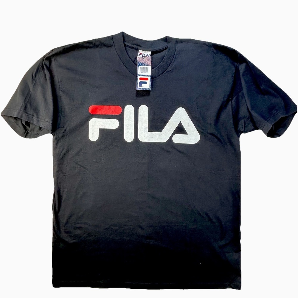 VTG 90s FILA  Logo T-Shirt Mens L Black Spell Out Streetwear Y2K Made in USA NWT
